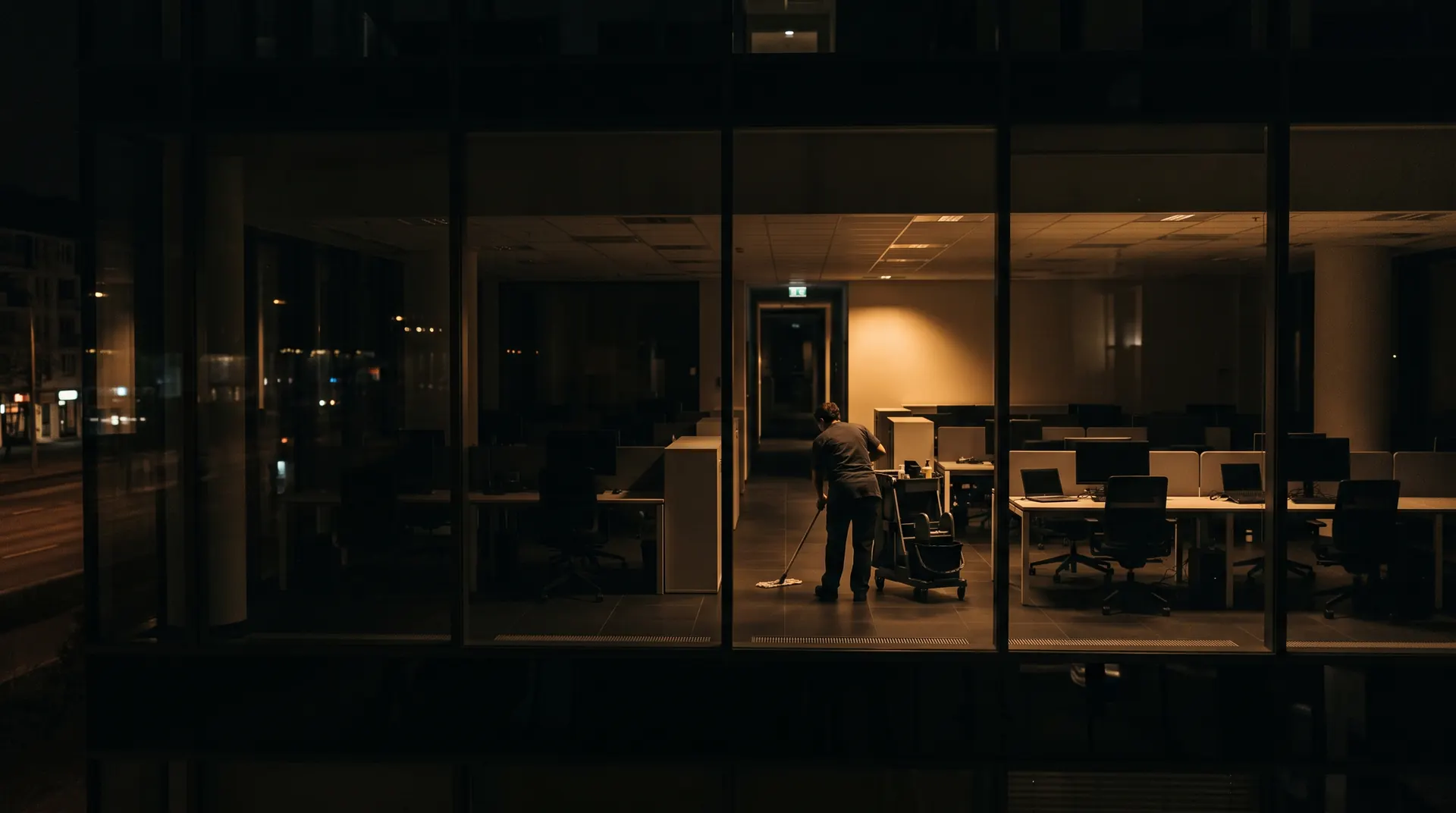 Bürofläche am Abend während der Reinigung
