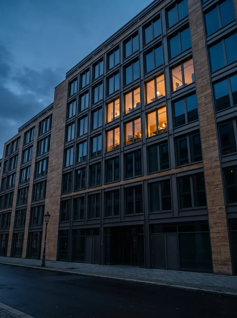Bürogebäude in der Dämmerung, ein Fenster ist erleuchtet