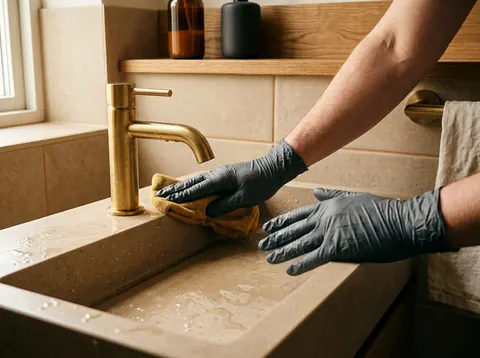 Waschbecken einer gewerblichen Sanitäranlage wird gereinigt